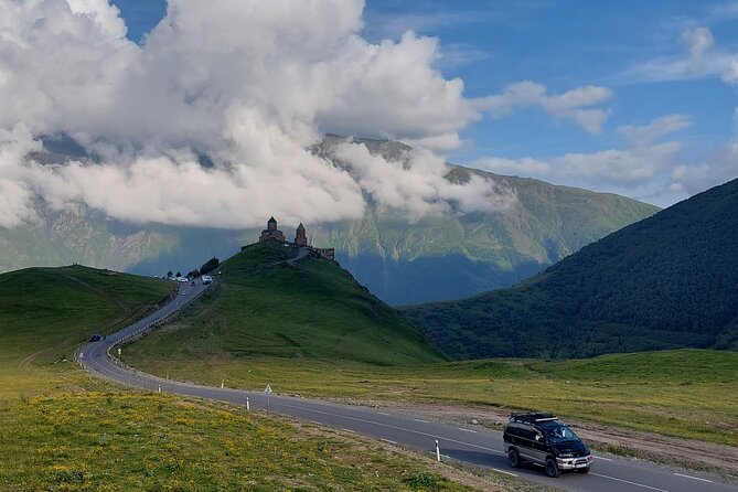 From Tbilisi: Kazbegi Ananuri Gudauri and Trusso Valley by 4x4 - Stepantsminda and Gergeti Trinity Church: the big target, planned in